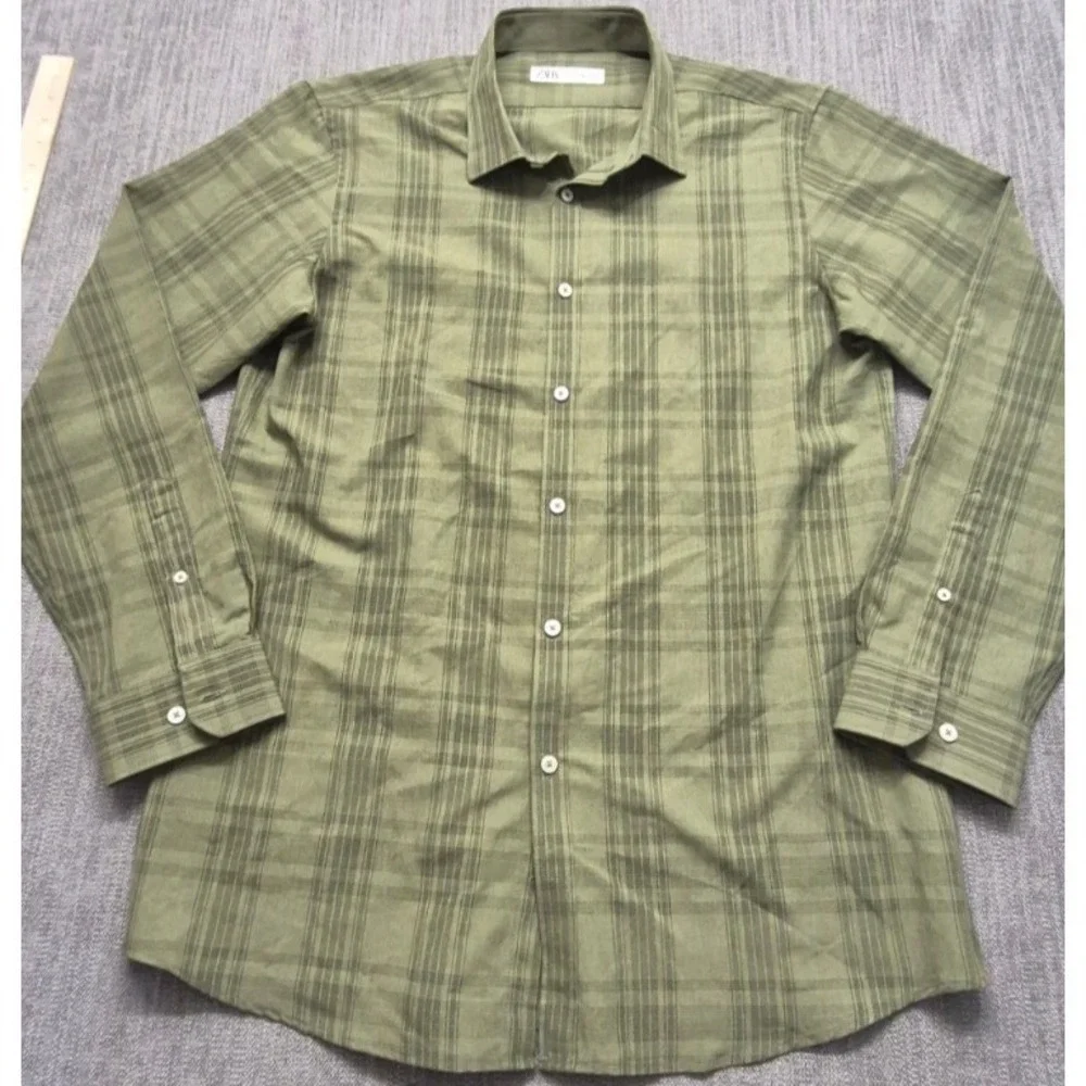 Zara men's‎ green plaid long sleeve button up shirt XL stretch classic